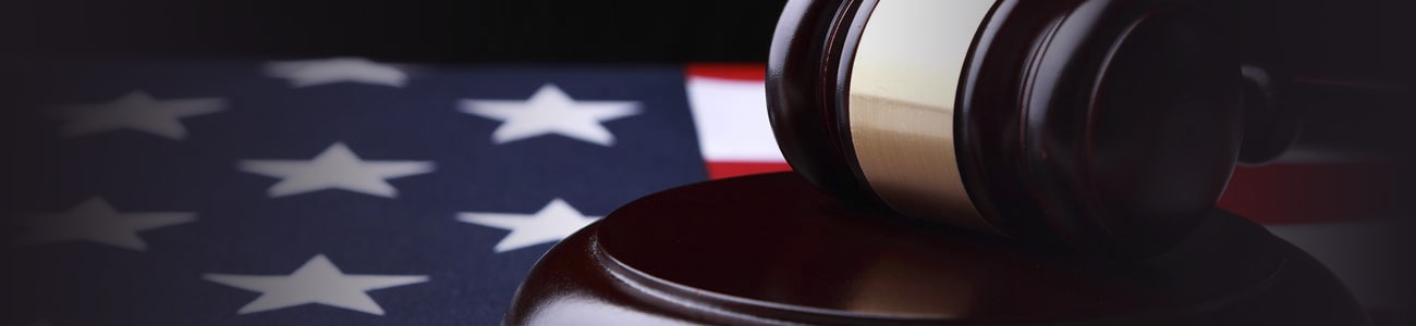 Banner picture of a gavel atop a US flag